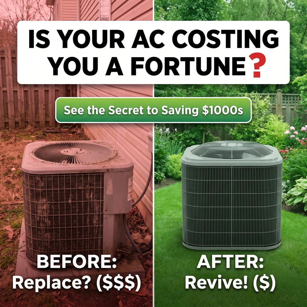 Facebook ad for an HVAC company: is your AC costing you a fortune, before and after photos of a condenser unit