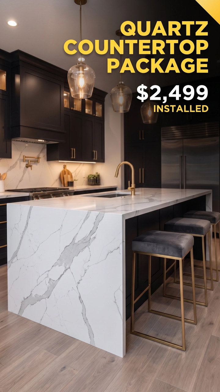 Vertical reel ad for a remodeler: quartz countertop package, two thousand four hundred ninety nine dollars installed